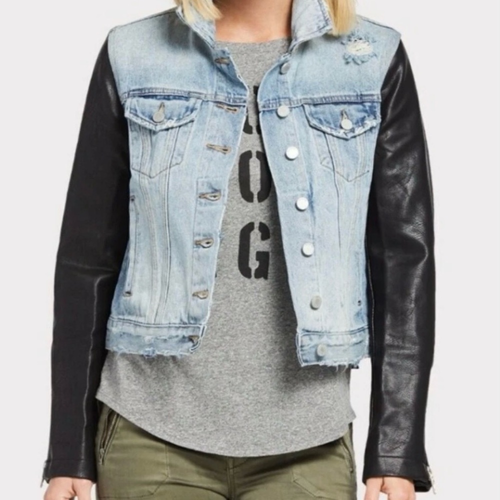 Blank NYC Distressed Jean Jacket w/ Faux Leather Sleeves